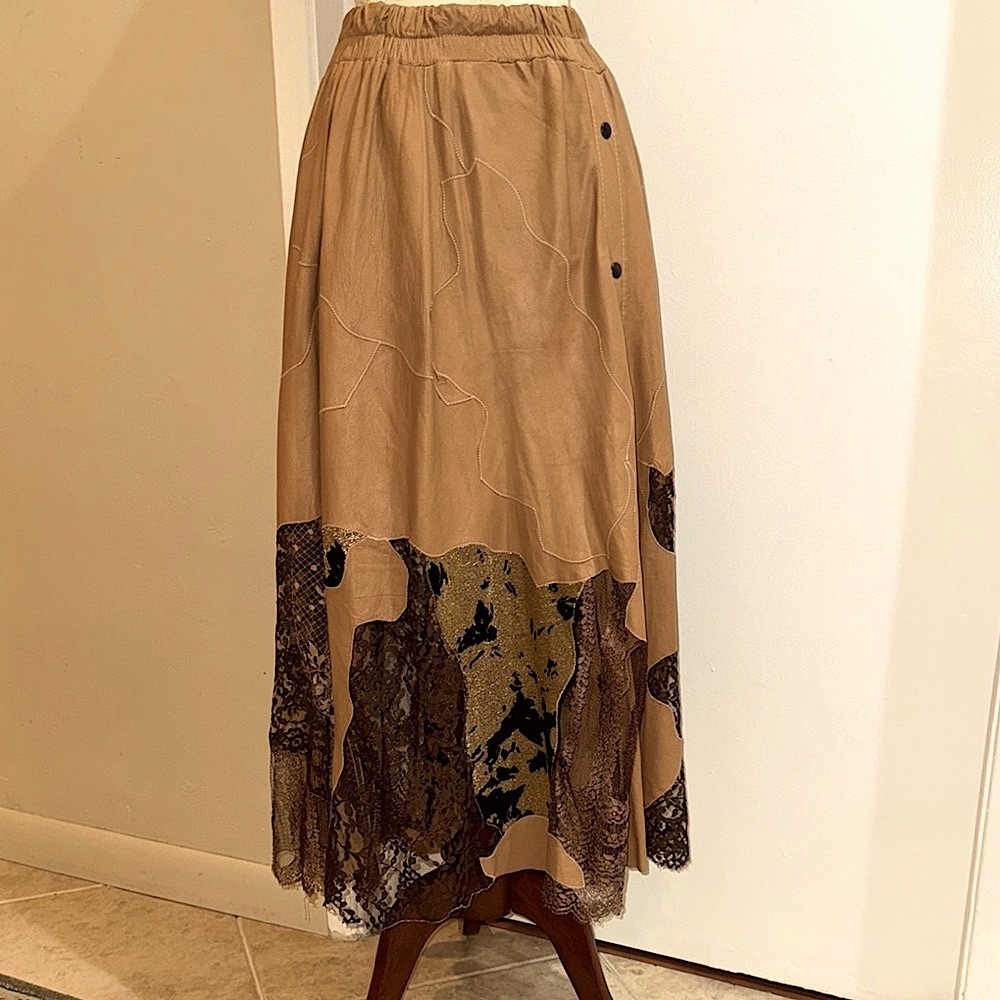 Vintage Leather Lace Genuine Soft Pull On Snap Maxi Moucx of Marseilles Skirt